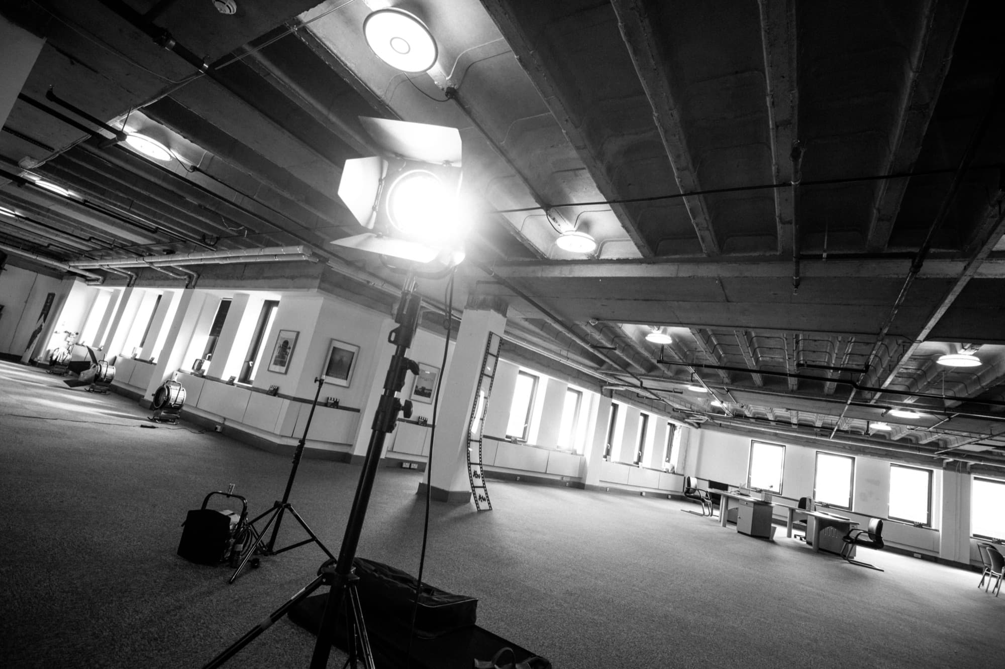 The Screen Northants studio floor, lit by a standing film light